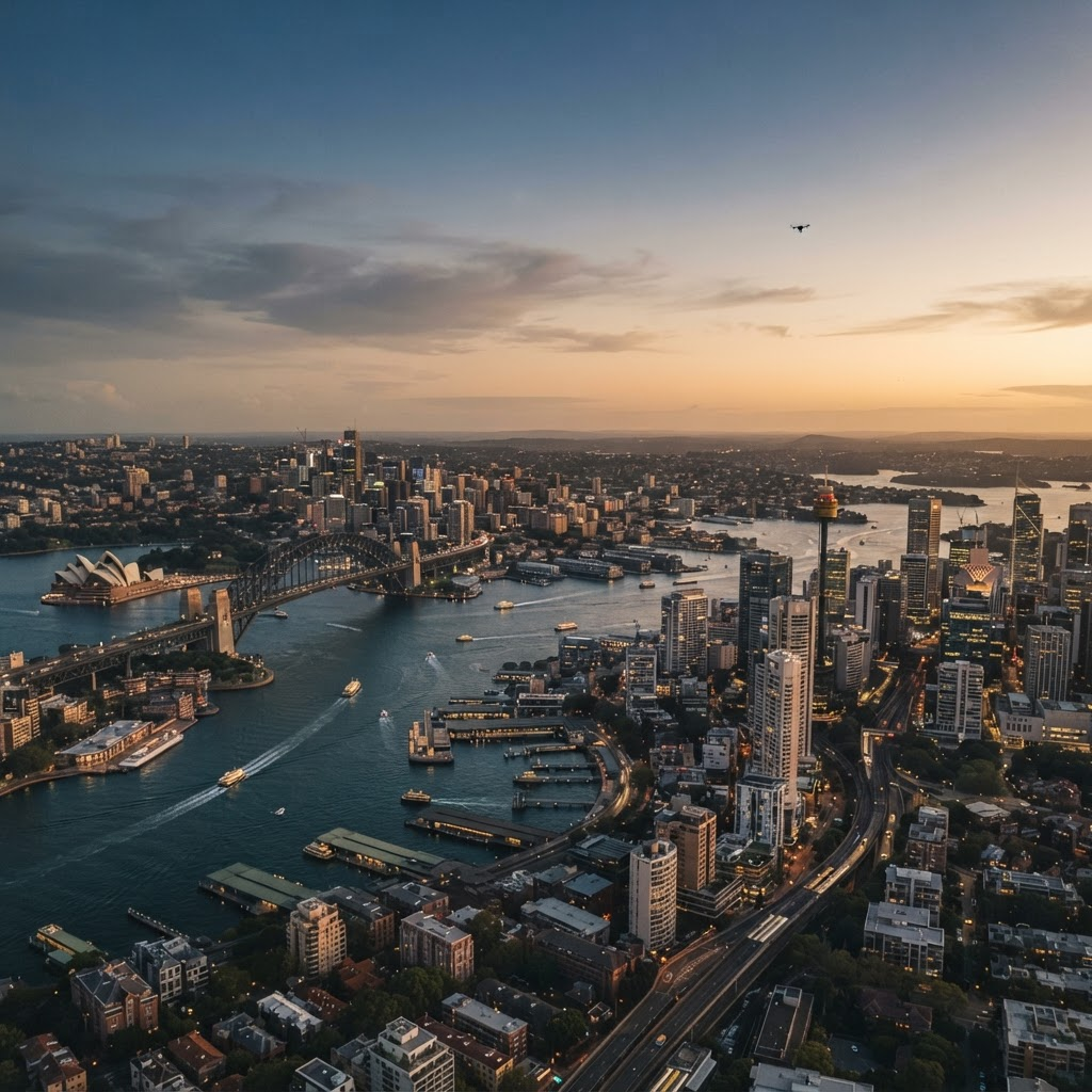 Aerial view of the Sydney skyline and harbour at dusk with a single distant drone in the sky