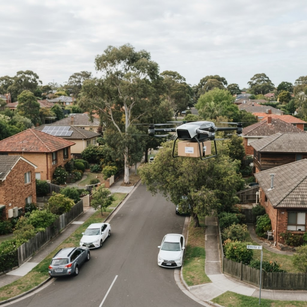 A commercial delivery drone carrying a parcel above a quiet Australian suburban street lined with houses and gum trees