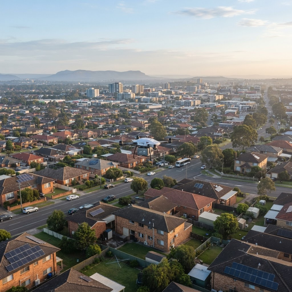 Aerial view of a Western Sydney suburb with a commercial delivery drone flying at low altitude above the rooftops