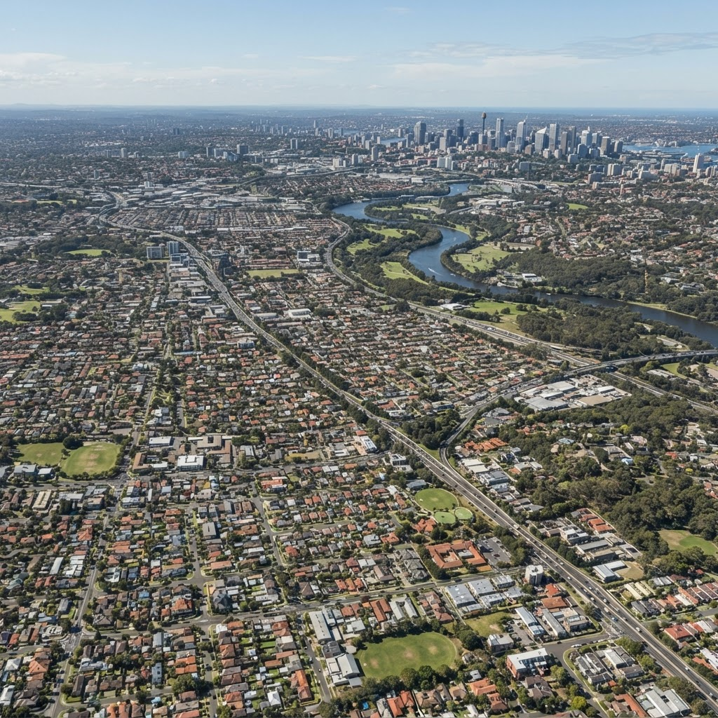 High-altitude aerial photograph of the Western Sydney urban landscape with suburbs, arterial roads, a river and the distant city skyline