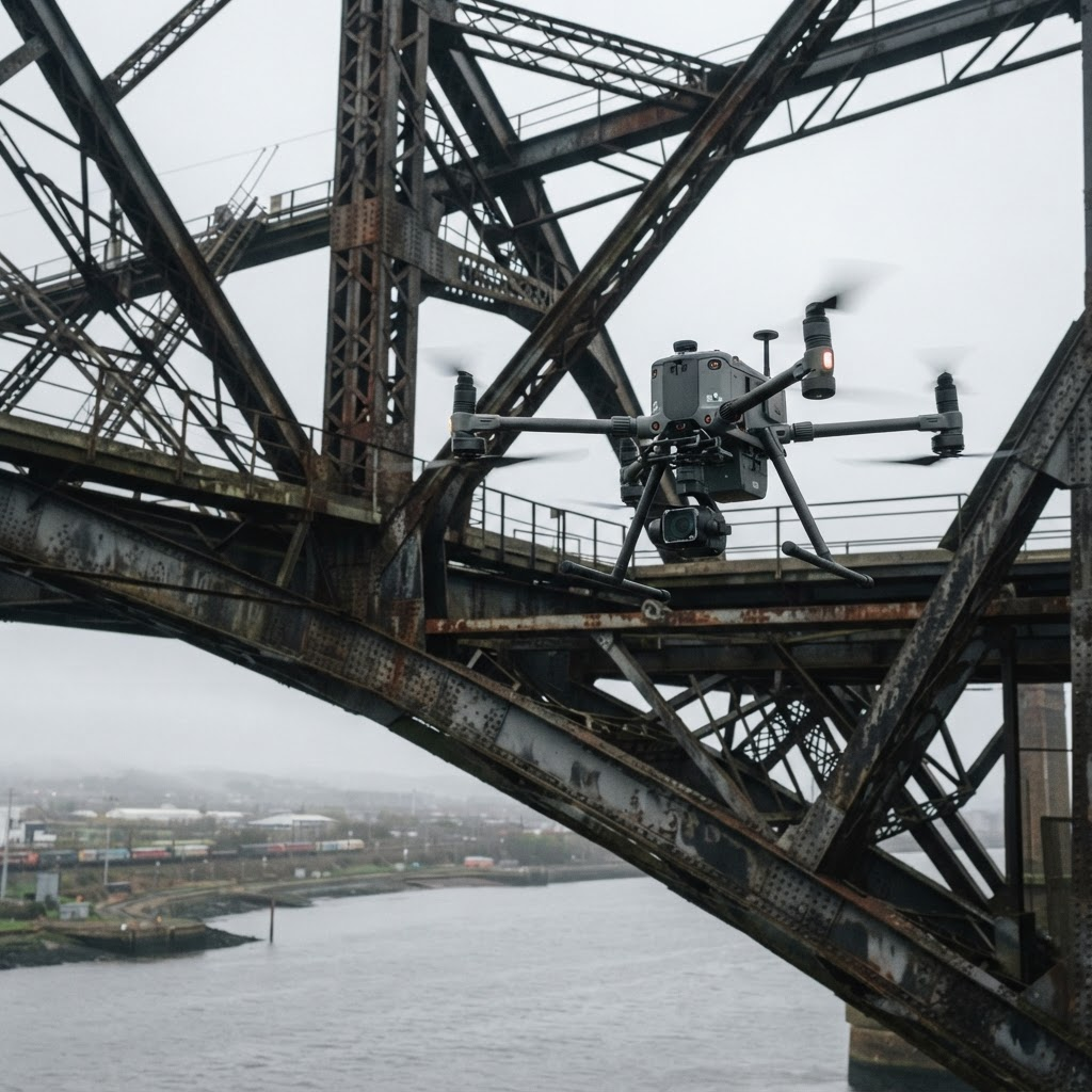 An inspection drone with a camera gimbal operating near a large steel bridge and transmission infrastructure